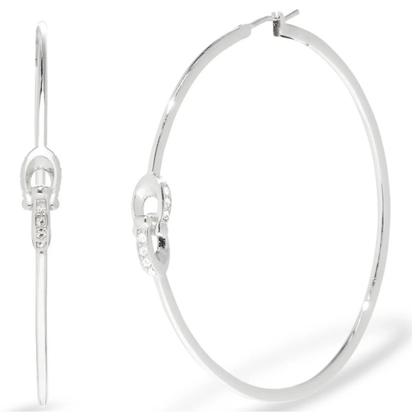 Coach Interlock C Silver Hoop Earrings with Crystal Pave Accents NWT - Picture 2 of 3